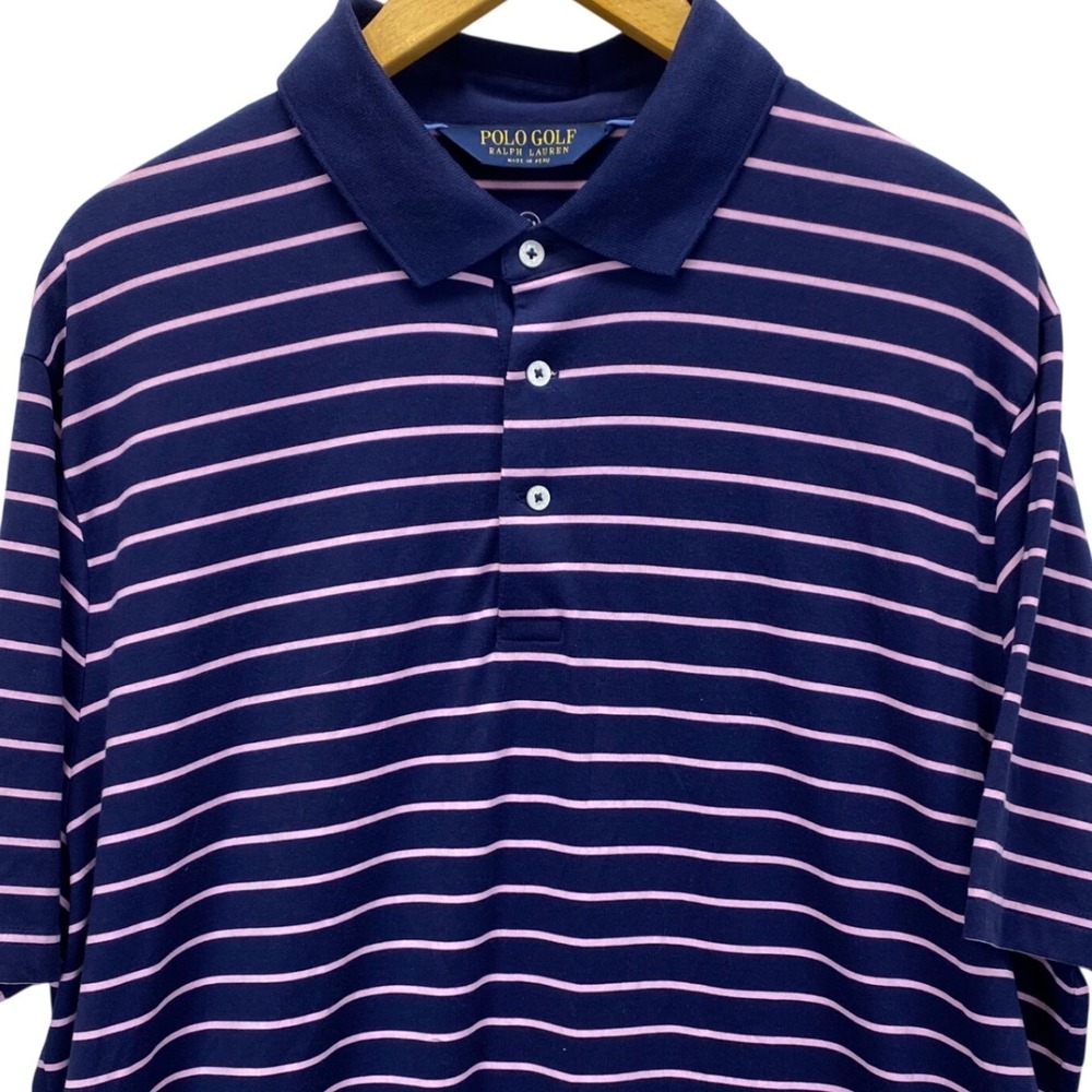 VTG Y2K Polo Golf Ralph Lauren Men's Navy Pink Stripe Short Sleeve Polo Shirt XL
